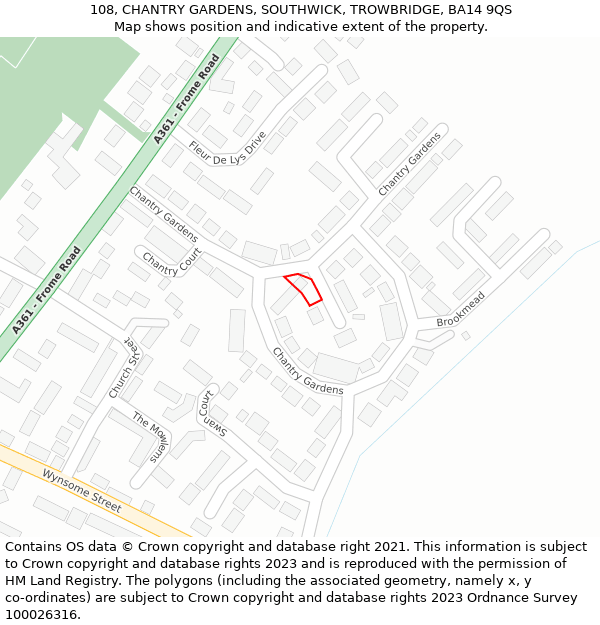 108, CHANTRY GARDENS, SOUTHWICK, TROWBRIDGE, BA14 9QS: Location map and indicative extent of plot