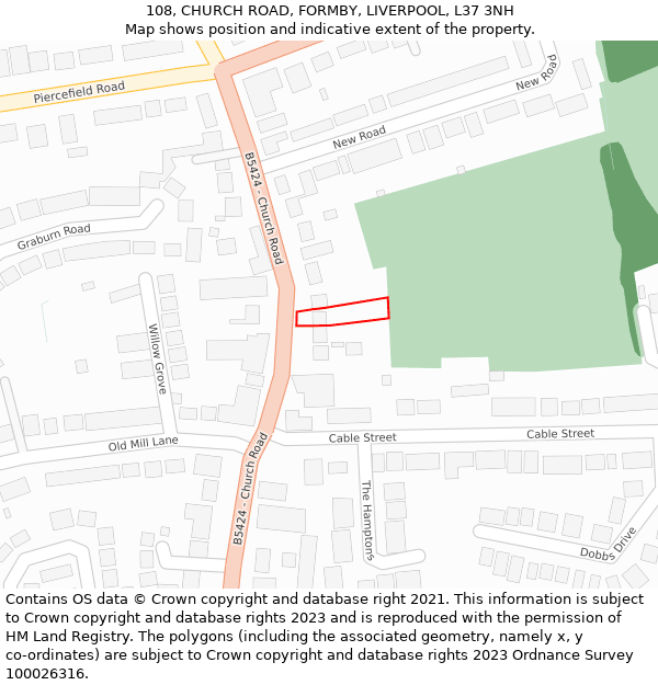 108, CHURCH ROAD, FORMBY, LIVERPOOL, L37 3NH: Location map and indicative extent of plot