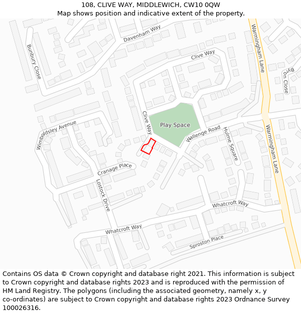 108, CLIVE WAY, MIDDLEWICH, CW10 0QW: Location map and indicative extent of plot