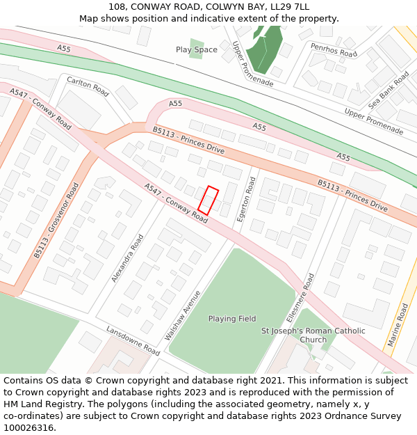 108, CONWAY ROAD, COLWYN BAY, LL29 7LL: Location map and indicative extent of plot