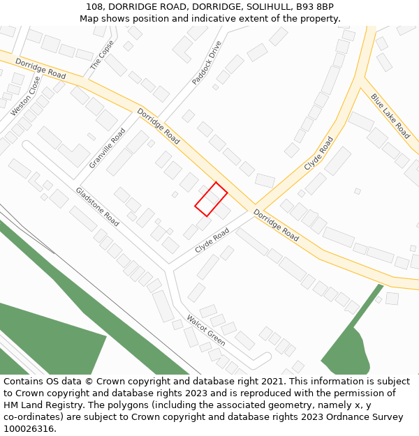 108, DORRIDGE ROAD, DORRIDGE, SOLIHULL, B93 8BP: Location map and indicative extent of plot