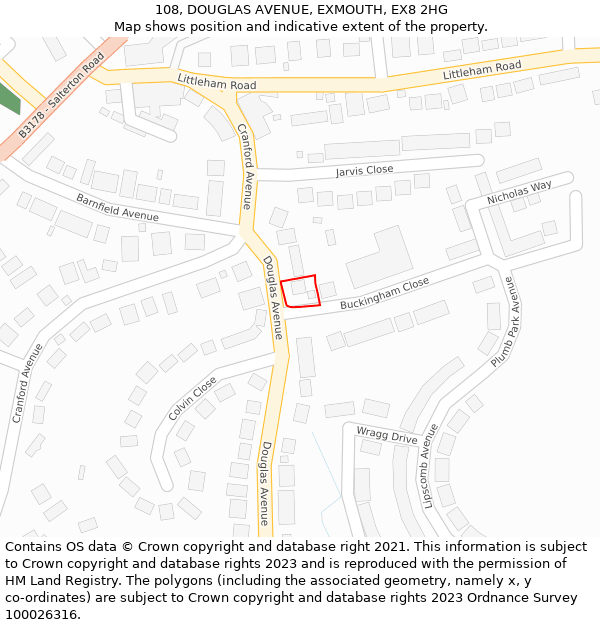 108, DOUGLAS AVENUE, EXMOUTH, EX8 2HG: Location map and indicative extent of plot