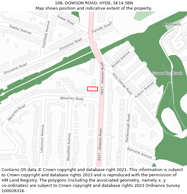 108, DOWSON ROAD, HYDE, SK14 5BN: Location map and indicative extent of plot