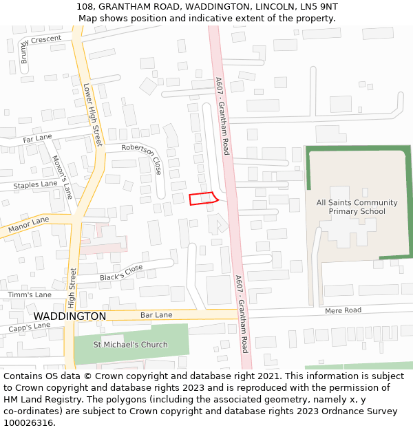 108, GRANTHAM ROAD, WADDINGTON, LINCOLN, LN5 9NT: Location map and indicative extent of plot
