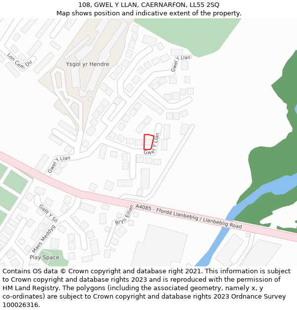 108, GWEL Y LLAN, CAERNARFON, LL55 2SQ: Location map and indicative extent of plot