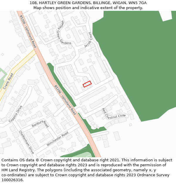 108, HARTLEY GREEN GARDENS, BILLINGE, WIGAN, WN5 7GA: Location map and indicative extent of plot