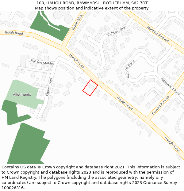 108, HAUGH ROAD, RAWMARSH, ROTHERHAM, S62 7DT: Location map and indicative extent of plot