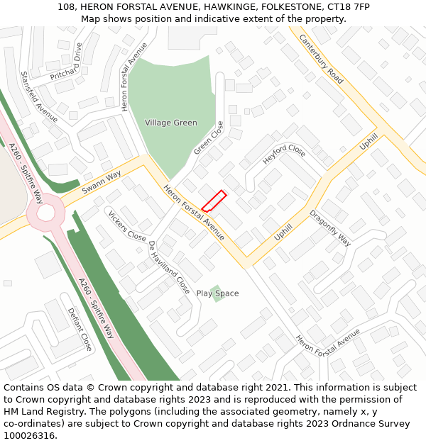 108, HERON FORSTAL AVENUE, HAWKINGE, FOLKESTONE, CT18 7FP: Location map and indicative extent of plot