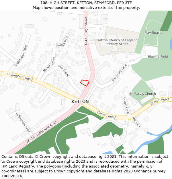 108, HIGH STREET, KETTON, STAMFORD, PE9 3TE: Location map and indicative extent of plot