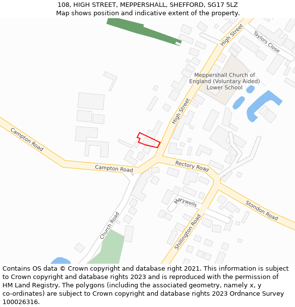 108, HIGH STREET, MEPPERSHALL, SHEFFORD, SG17 5LZ: Location map and indicative extent of plot