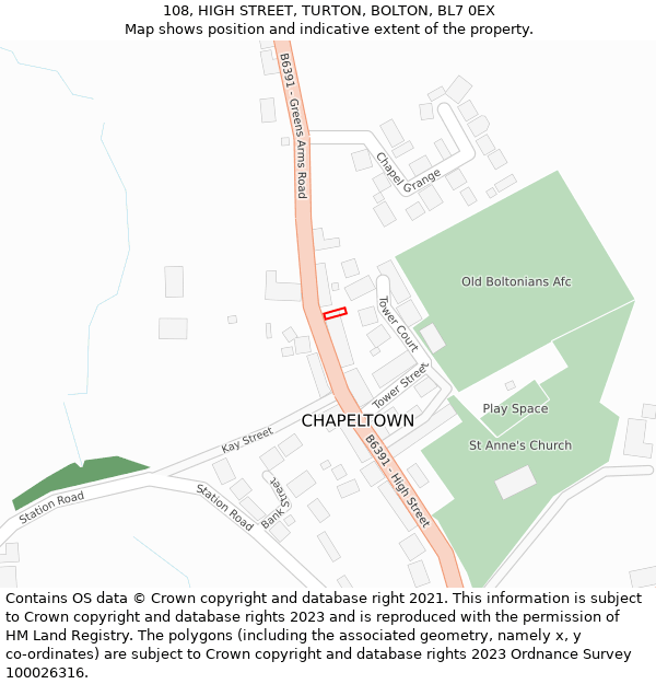 108, HIGH STREET, TURTON, BOLTON, BL7 0EX: Location map and indicative extent of plot