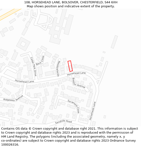 108, HORSEHEAD LANE, BOLSOVER, CHESTERFIELD, S44 6XH: Location map and indicative extent of plot