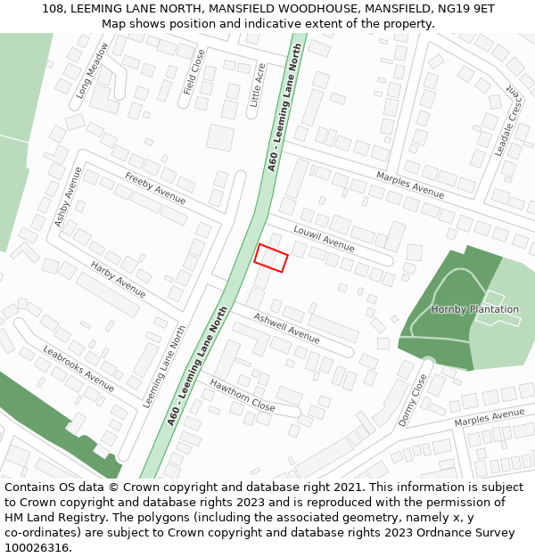 108, LEEMING LANE NORTH, MANSFIELD WOODHOUSE, MANSFIELD, NG19 9ET: Location map and indicative extent of plot