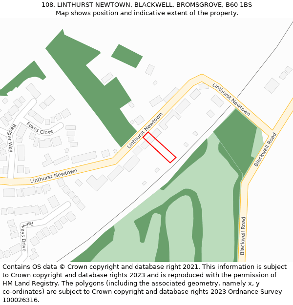 108, LINTHURST NEWTOWN, BLACKWELL, BROMSGROVE, B60 1BS: Location map and indicative extent of plot