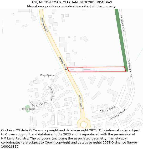 108, MILTON ROAD, CLAPHAM, BEDFORD, MK41 6AS: Location map and indicative extent of plot