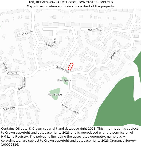 108, REEVES WAY, ARMTHORPE, DONCASTER, DN3 2FD: Location map and indicative extent of plot