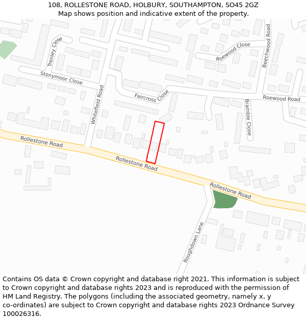 108, ROLLESTONE ROAD, HOLBURY, SOUTHAMPTON, SO45 2GZ: Location map and indicative extent of plot