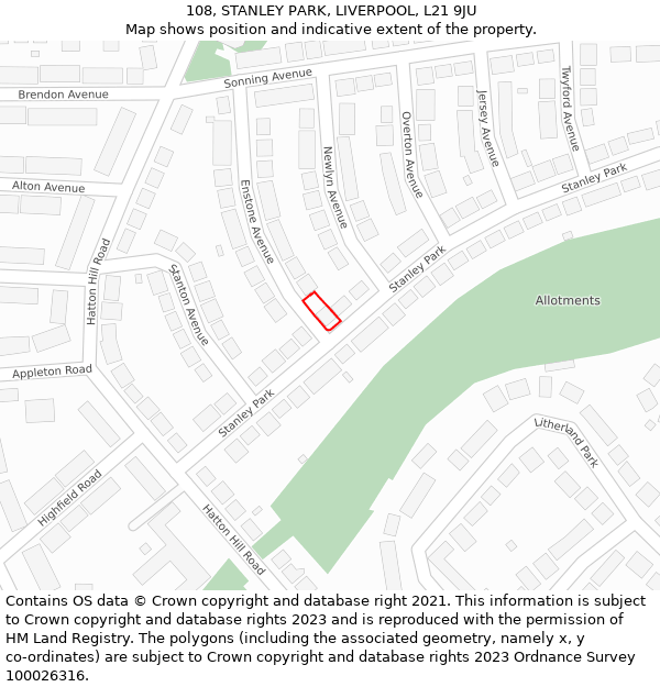108, STANLEY PARK, LIVERPOOL, L21 9JU: Location map and indicative extent of plot
