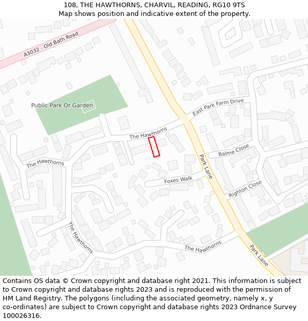 108, THE HAWTHORNS, CHARVIL, READING, RG10 9TS: Location map and indicative extent of plot