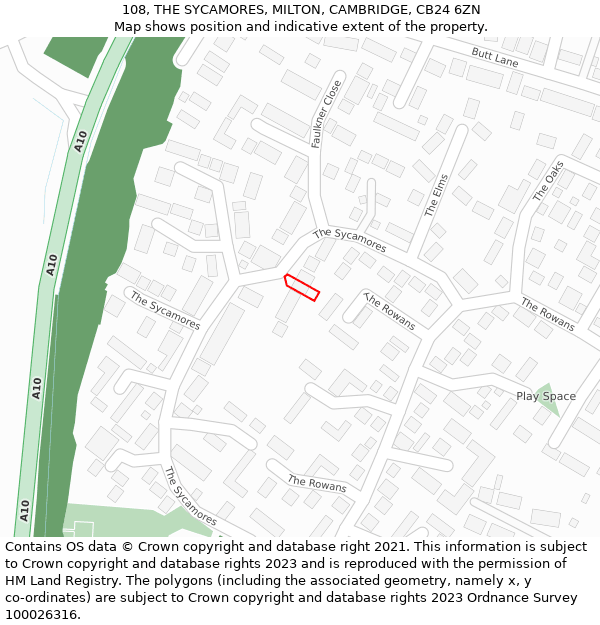 108, THE SYCAMORES, MILTON, CAMBRIDGE, CB24 6ZN: Location map and indicative extent of plot