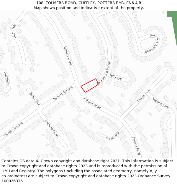 108, TOLMERS ROAD, CUFFLEY, POTTERS BAR, EN6 4JR: Location map and indicative extent of plot