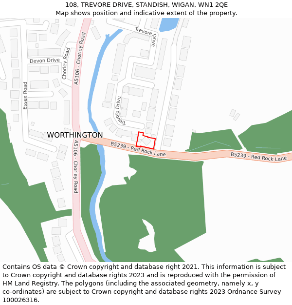 108, TREVORE DRIVE, STANDISH, WIGAN, WN1 2QE: Location map and indicative extent of plot