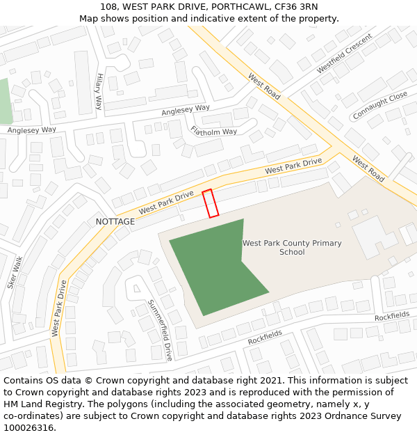 108, WEST PARK DRIVE, PORTHCAWL, CF36 3RN: Location map and indicative extent of plot