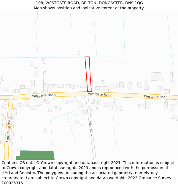 108, WESTGATE ROAD, BELTON, DONCASTER, DN9 1QG: Location map and indicative extent of plot