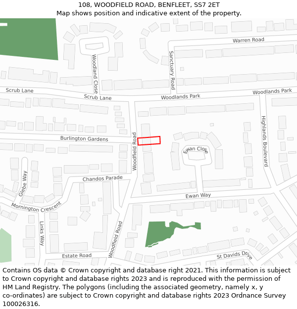 108, WOODFIELD ROAD, BENFLEET, SS7 2ET: Location map and indicative extent of plot
