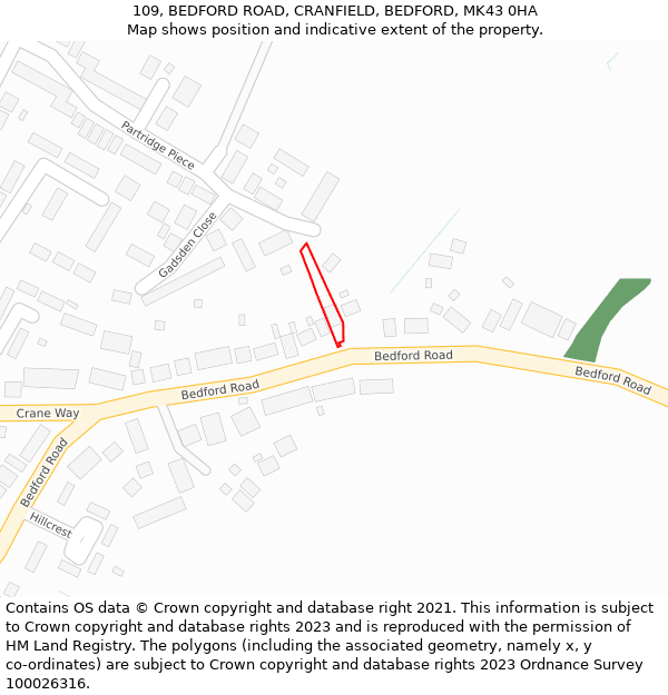 109, BEDFORD ROAD, CRANFIELD, BEDFORD, MK43 0HA: Location map and indicative extent of plot