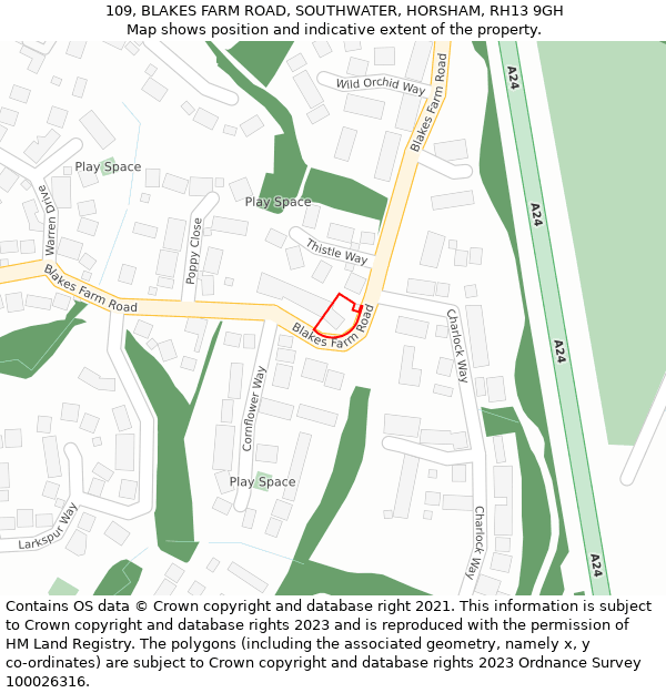 109, BLAKES FARM ROAD, SOUTHWATER, HORSHAM, RH13 9GH: Location map and indicative extent of plot