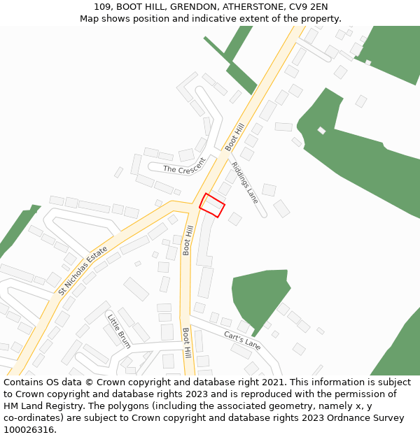 109, BOOT HILL, GRENDON, ATHERSTONE, CV9 2EN: Location map and indicative extent of plot