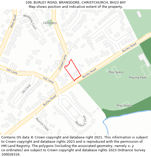 109, BURLEY ROAD, BRANSGORE, CHRISTCHURCH, BH23 8AY: Location map and indicative extent of plot