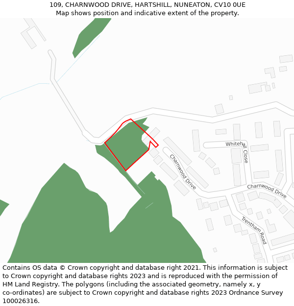 109, CHARNWOOD DRIVE, HARTSHILL, NUNEATON, CV10 0UE: Location map and indicative extent of plot
