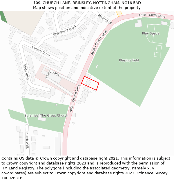 109, CHURCH LANE, BRINSLEY, NOTTINGHAM, NG16 5AD: Location map and indicative extent of plot