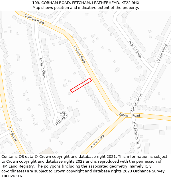 109, COBHAM ROAD, FETCHAM, LEATHERHEAD, KT22 9HX: Location map and indicative extent of plot