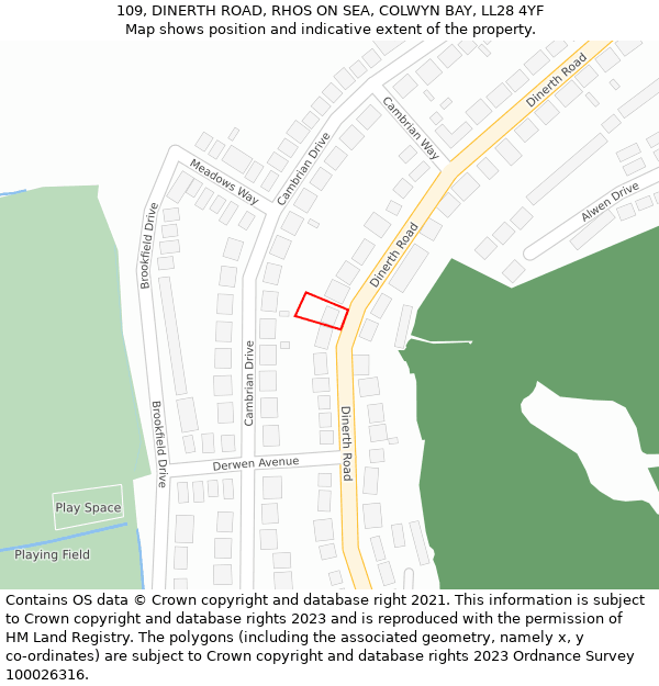 109, DINERTH ROAD, RHOS ON SEA, COLWYN BAY, LL28 4YF: Location map and indicative extent of plot