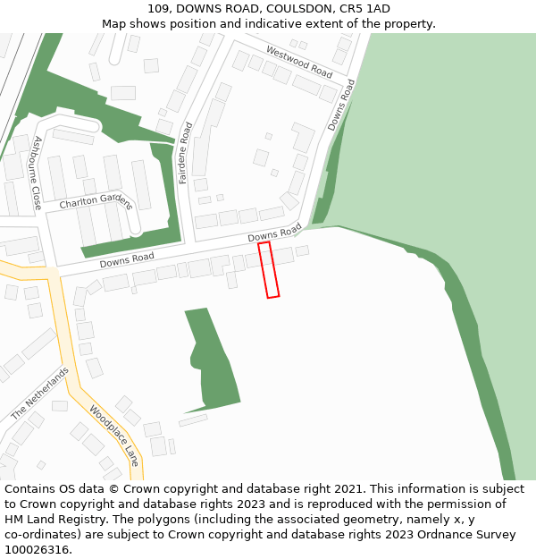 109, DOWNS ROAD, COULSDON, CR5 1AD: Location map and indicative extent of plot