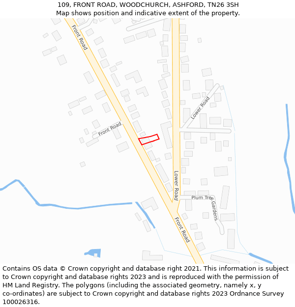 109, FRONT ROAD, WOODCHURCH, ASHFORD, TN26 3SH: Location map and indicative extent of plot