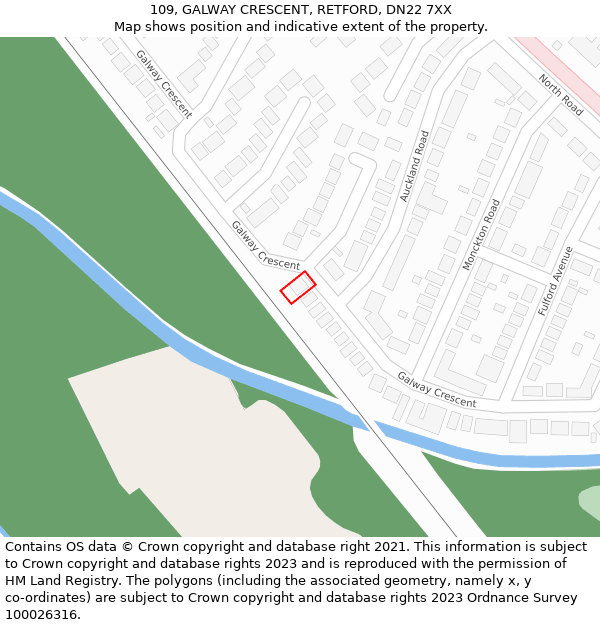 109, GALWAY CRESCENT, RETFORD, DN22 7XX: Location map and indicative extent of plot