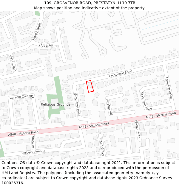 109, GROSVENOR ROAD, PRESTATYN, LL19 7TR: Location map and indicative extent of plot