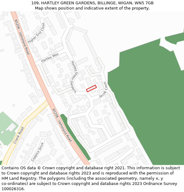 109, HARTLEY GREEN GARDENS, BILLINGE, WIGAN, WN5 7GB: Location map and indicative extent of plot