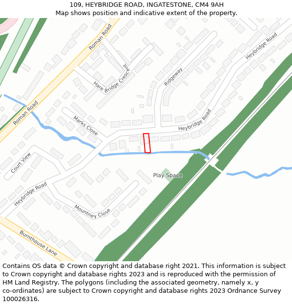 109, HEYBRIDGE ROAD, INGATESTONE, CM4 9AH: Location map and indicative extent of plot
