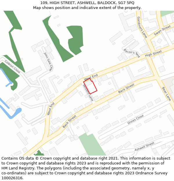 109, HIGH STREET, ASHWELL, BALDOCK, SG7 5PQ: Location map and indicative extent of plot