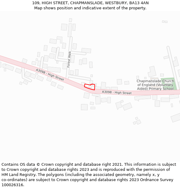 109, HIGH STREET, CHAPMANSLADE, WESTBURY, BA13 4AN: Location map and indicative extent of plot