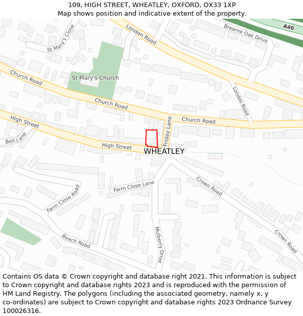109, HIGH STREET, WHEATLEY, OXFORD, OX33 1XP: Location map and indicative extent of plot