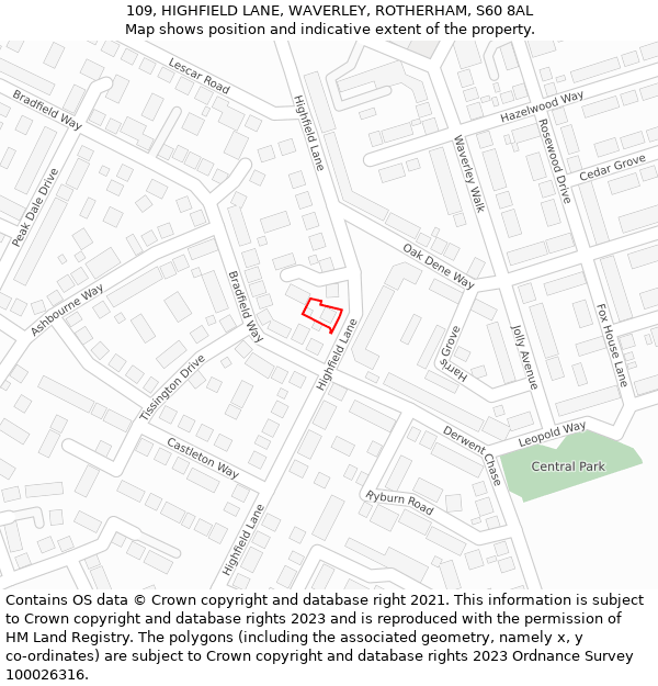 109, HIGHFIELD LANE, WAVERLEY, ROTHERHAM, S60 8AL: Location map and indicative extent of plot