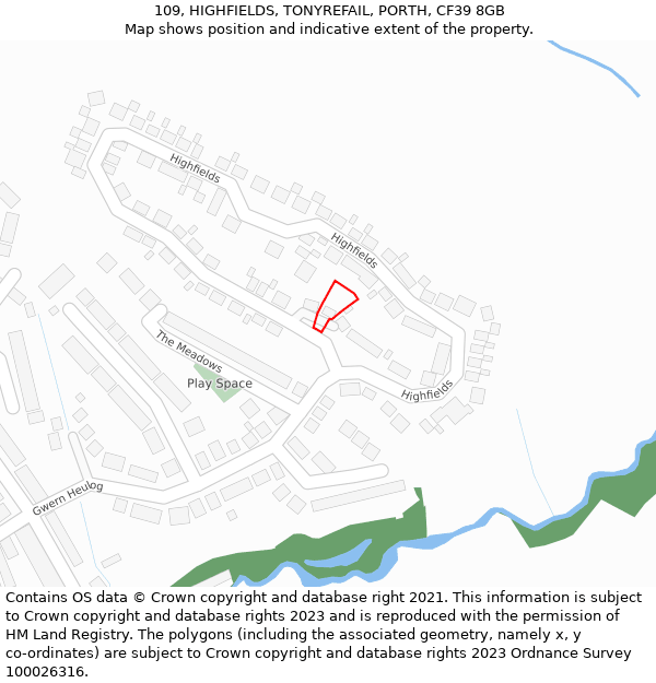 109, HIGHFIELDS, TONYREFAIL, PORTH, CF39 8GB: Location map and indicative extent of plot