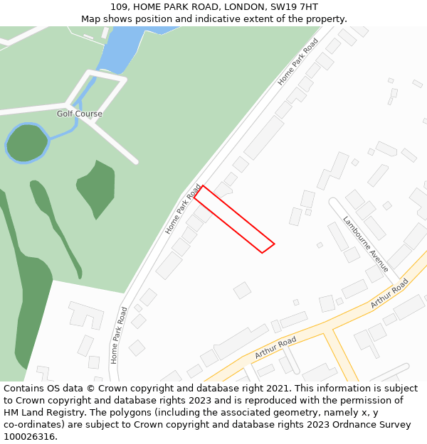 109, HOME PARK ROAD, LONDON, SW19 7HT: Location map and indicative extent of plot