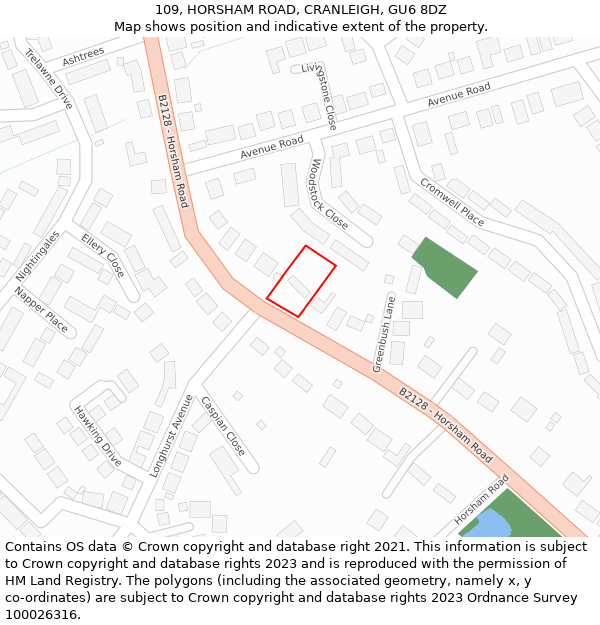 109, HORSHAM ROAD, CRANLEIGH, GU6 8DZ: Location map and indicative extent of plot